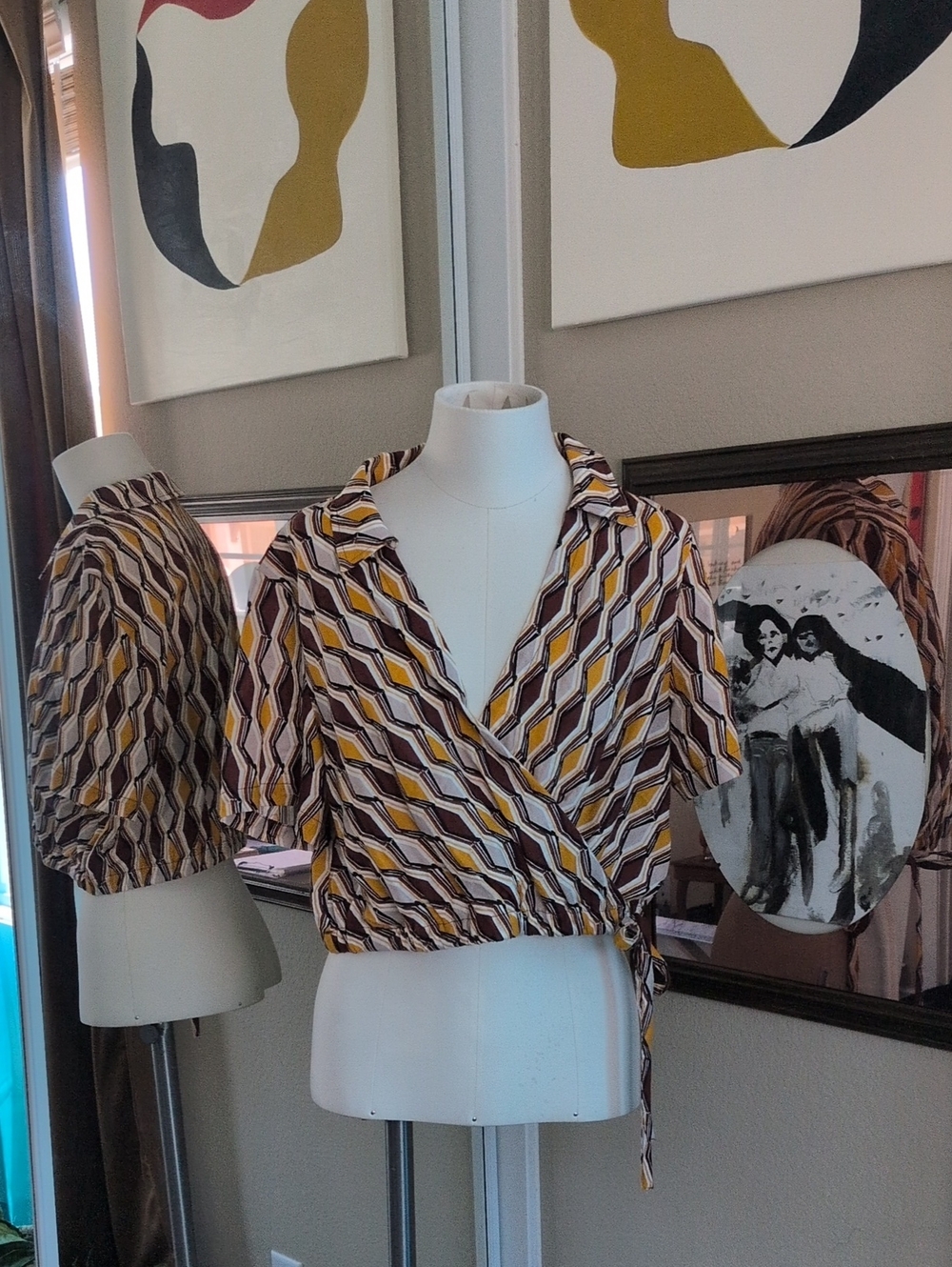 RACHEL Rachel Roy Geometric Wrap Top in Mustard, Brown & Cream